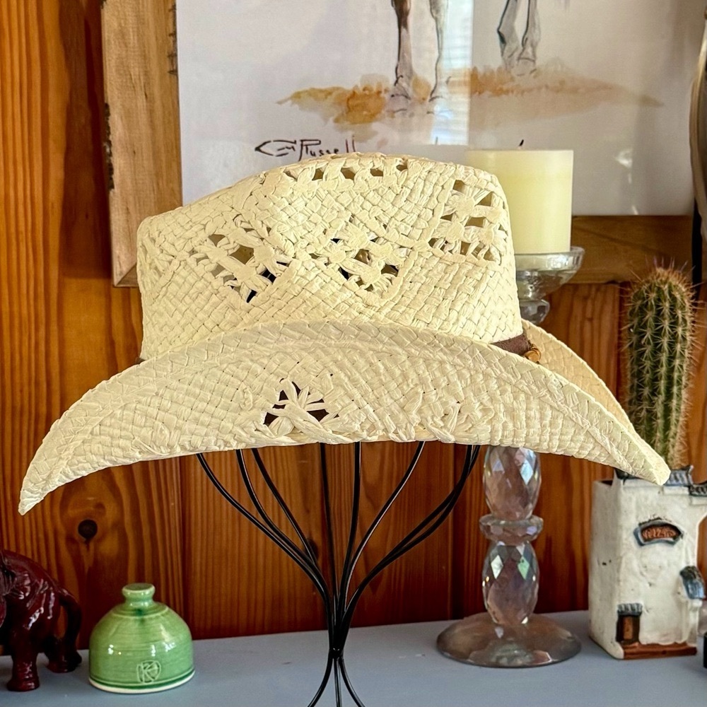 Women’s Straw Cowboy Hat Amber and Wooden Bead Western Drifter - Picture 2 of 7